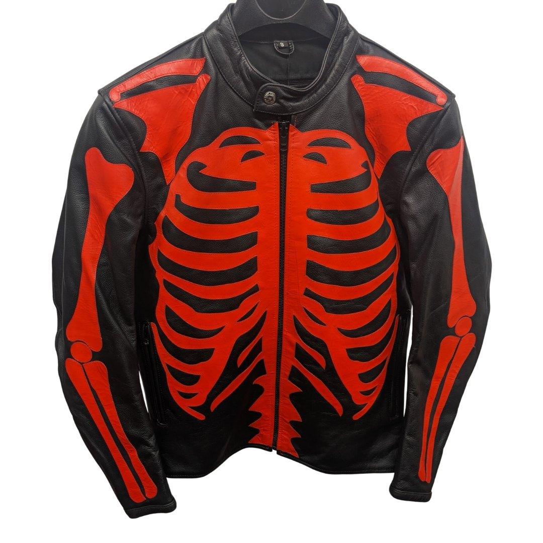 Skeleton Bones Red on Black Leather Jacket - Main Image