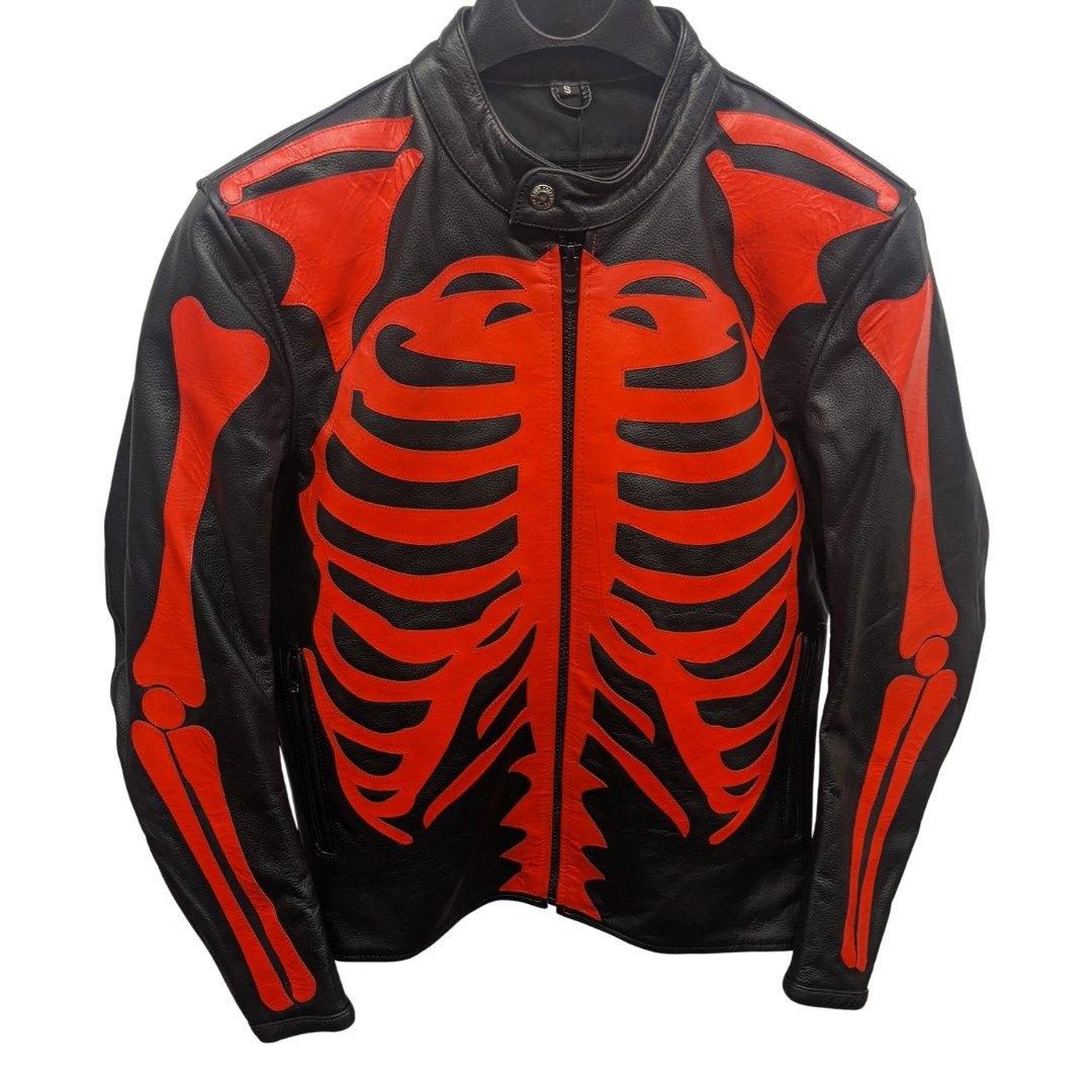 Skeleton Bones Red on Black Leather Jacket - The Alley Chicago