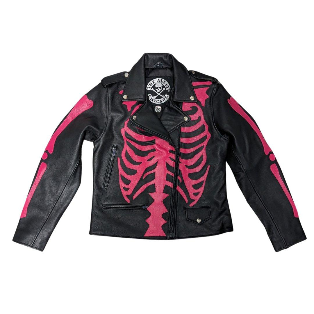 Womens Pink Skeleton Bones Classic Motorcycle Jacket - The Alley Chicago