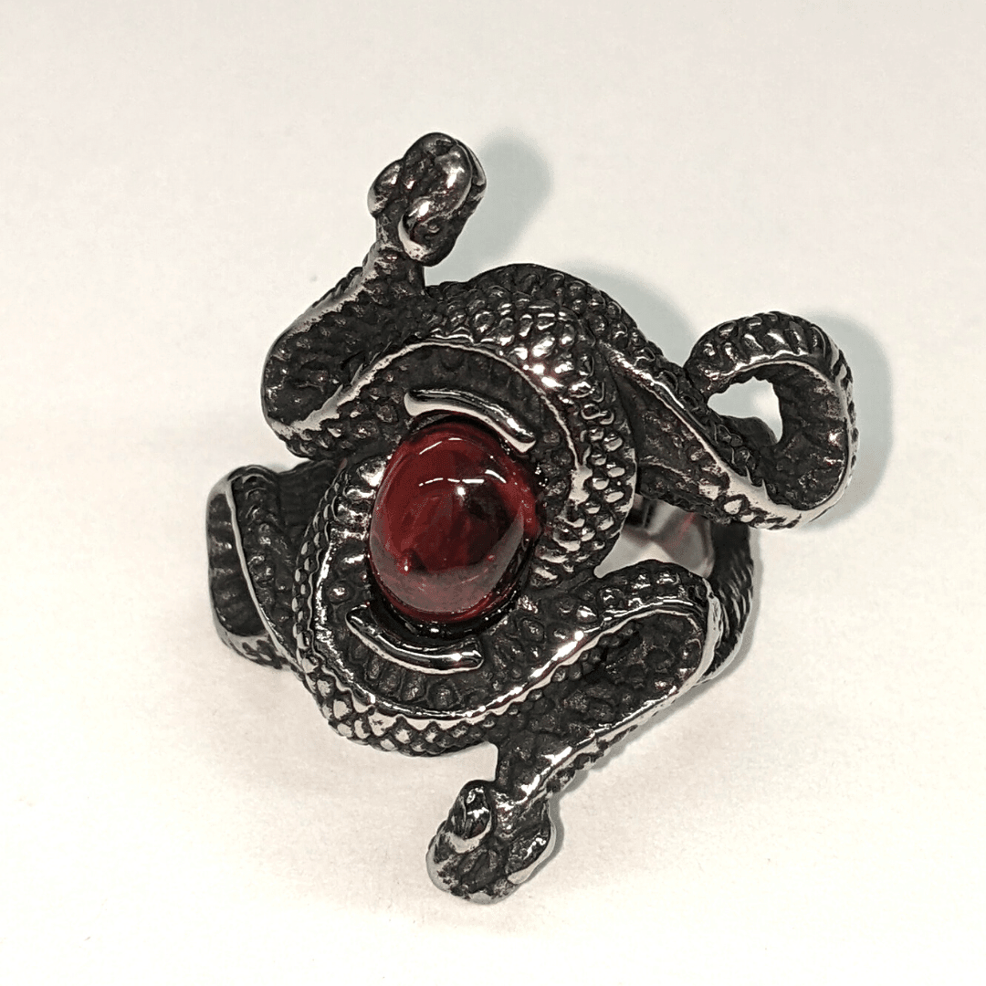 2 Headed Snake with Blood Red Stone Stainless Steel Ring