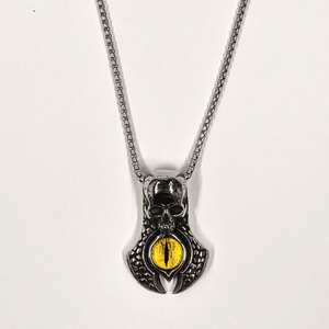 Skull with Yellow Eye Steel Chain Necklace