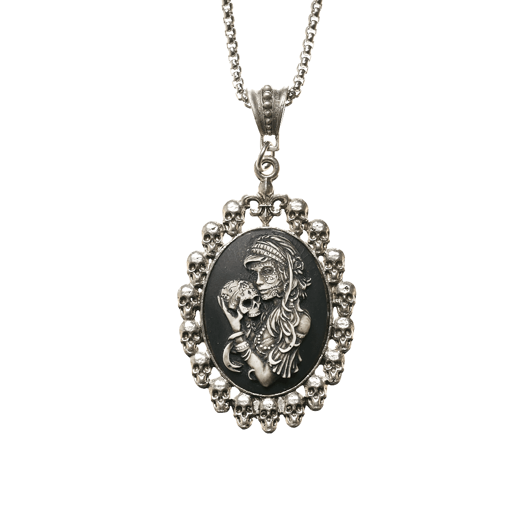 Antiqued White Voodoo Mistress Holding a Sugar Skull Cameo in Skull Fr
