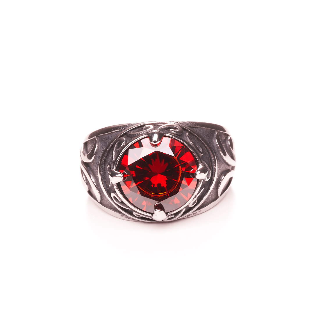 Red Circular Gem on Ornate Stainless Steel Ring