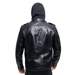 Vegan Mens Classic Motorcycle Jacket with Removable Hoodie - Rear