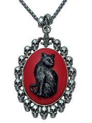 Load image into Gallery viewer, Black Cat in Skull Frame Steel Chain Necklace - Red | The Alley
