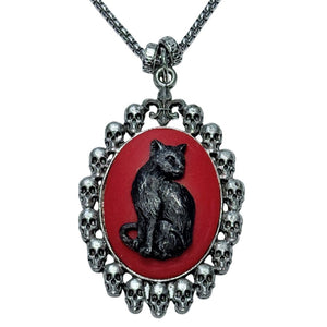 Black Cat in Skull Frame Steel Chain Necklace - Red | The Alley