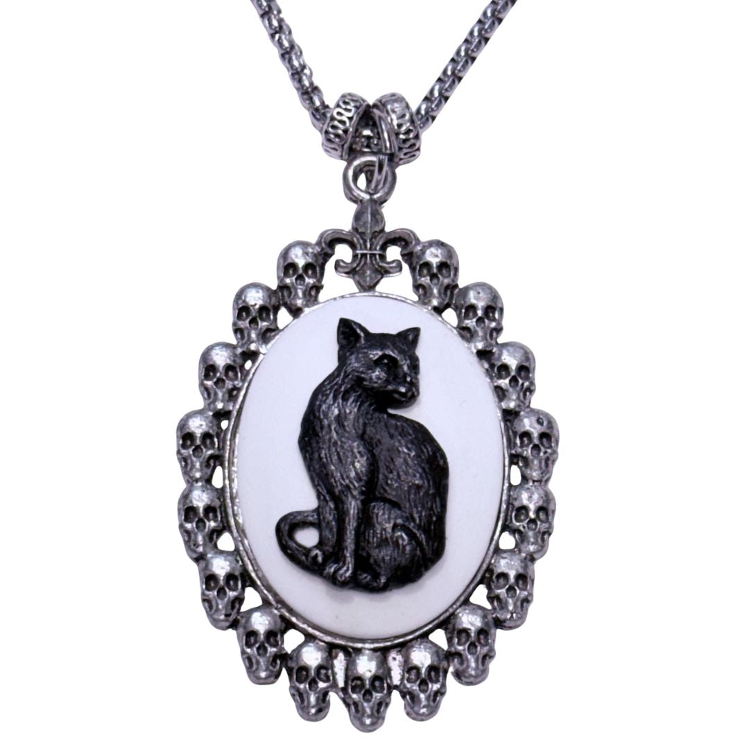 Black Cat in Skull Frame Steel Chain Necklace - White | The Alley