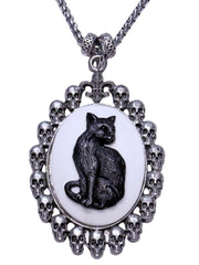 Load image into Gallery viewer, Black Cat in Skull Frame Steel Chain Necklace - White | The Alley

