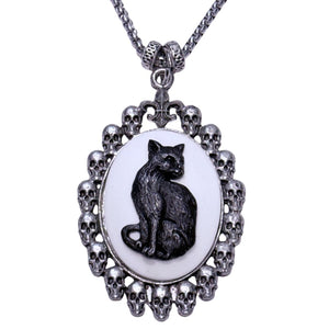 Black Cat in Skull Frame Steel Chain Necklace - White | The Alley