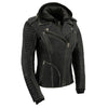 Black Ember Womens Leather Jacket With Removable Hoodie