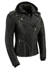 Load image into Gallery viewer, Black Ember Womens Leather Jacket With Removable Hoodie
