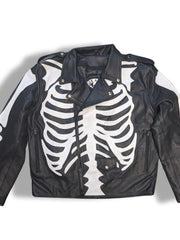 Skeleton Bones White on Black Classic Style Leather Jacket