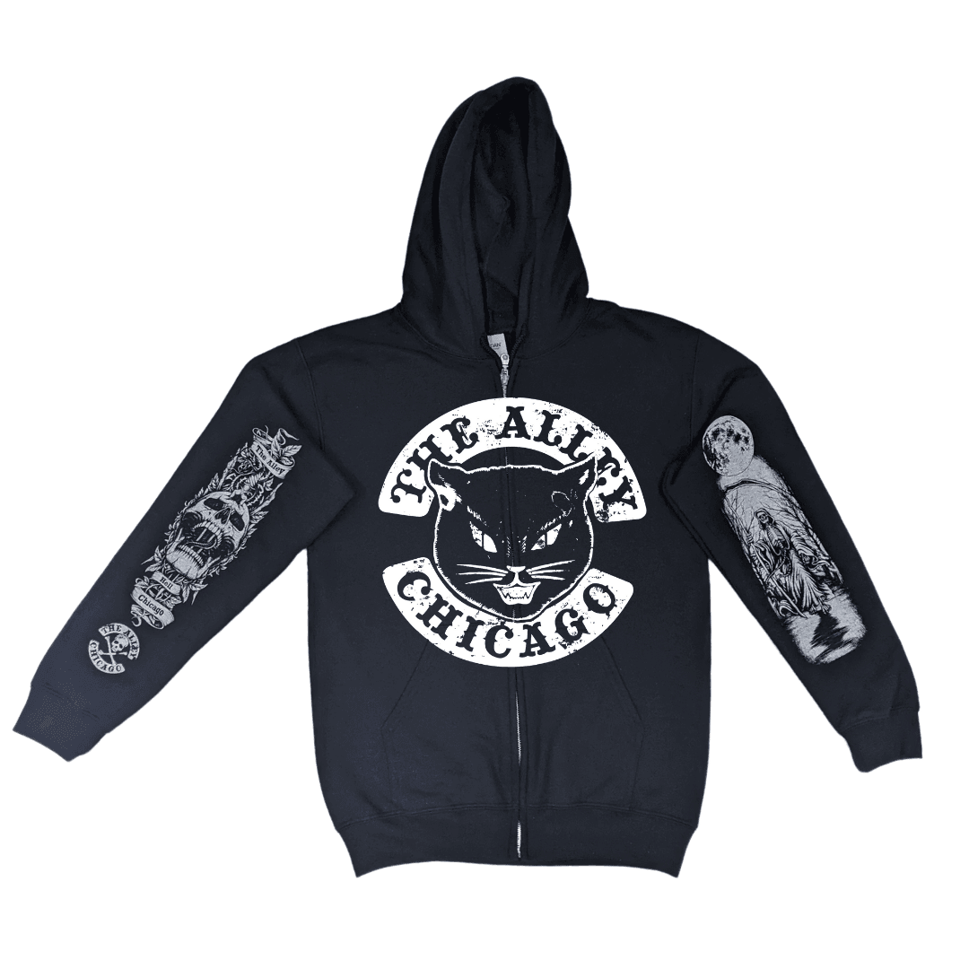 Black Cat Zip Up Hoodie with Printed Sleeves