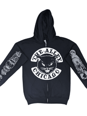 Black Cat Zip Up Hoodie with Printed Sleeves