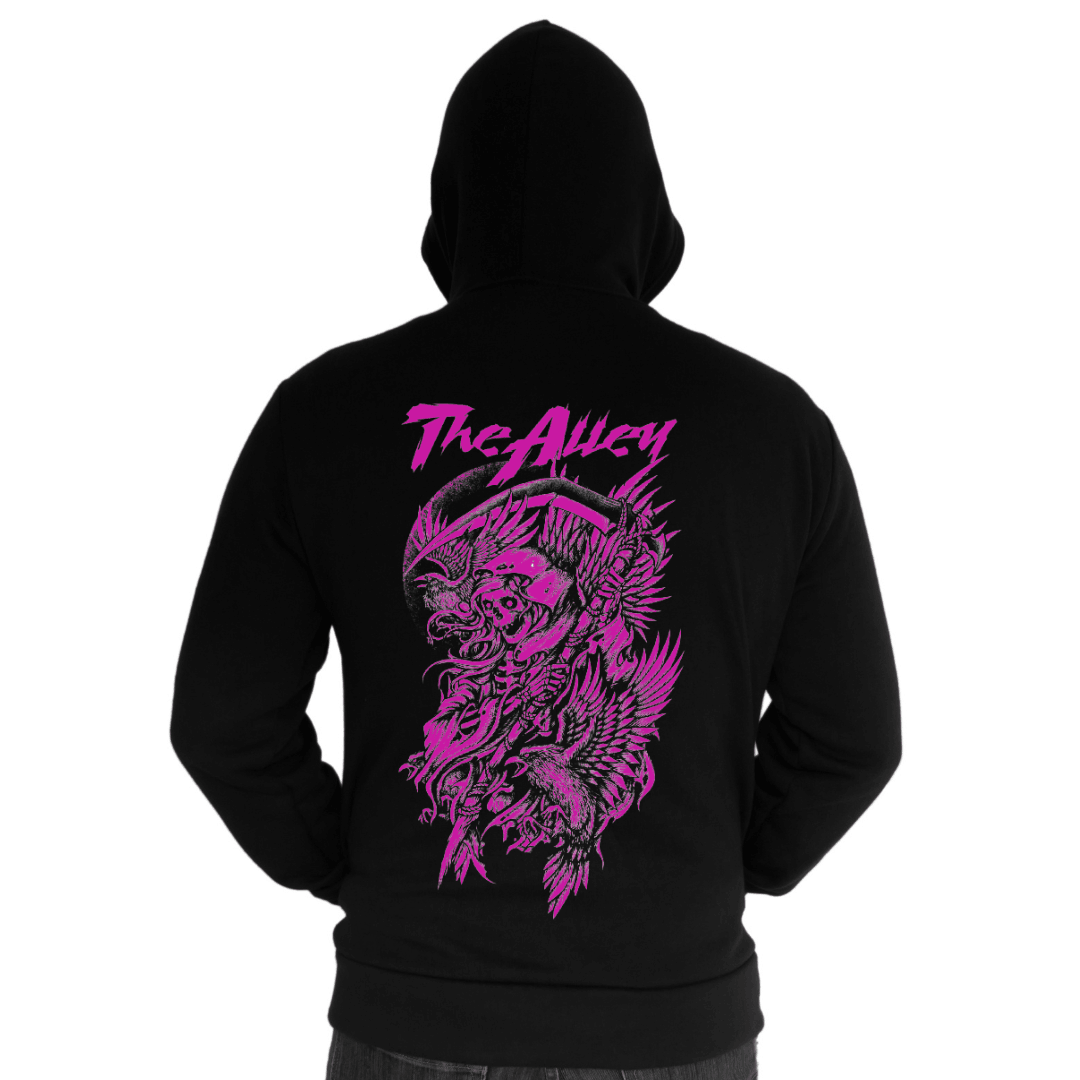 Gothic Reaper and Raven Zip Up Hoodie with Printed Sleeves - The Alley Chicago