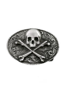 Belts & Buckles - Ornate Oval Skull & Crossbones Belt Buckle