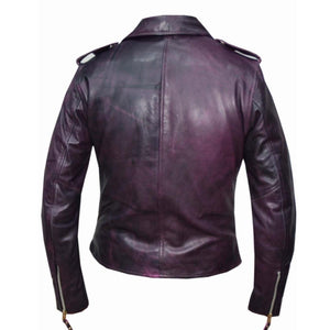 Classic Purple Womens Lambskin Leather Motorcycle Jacket -Rear