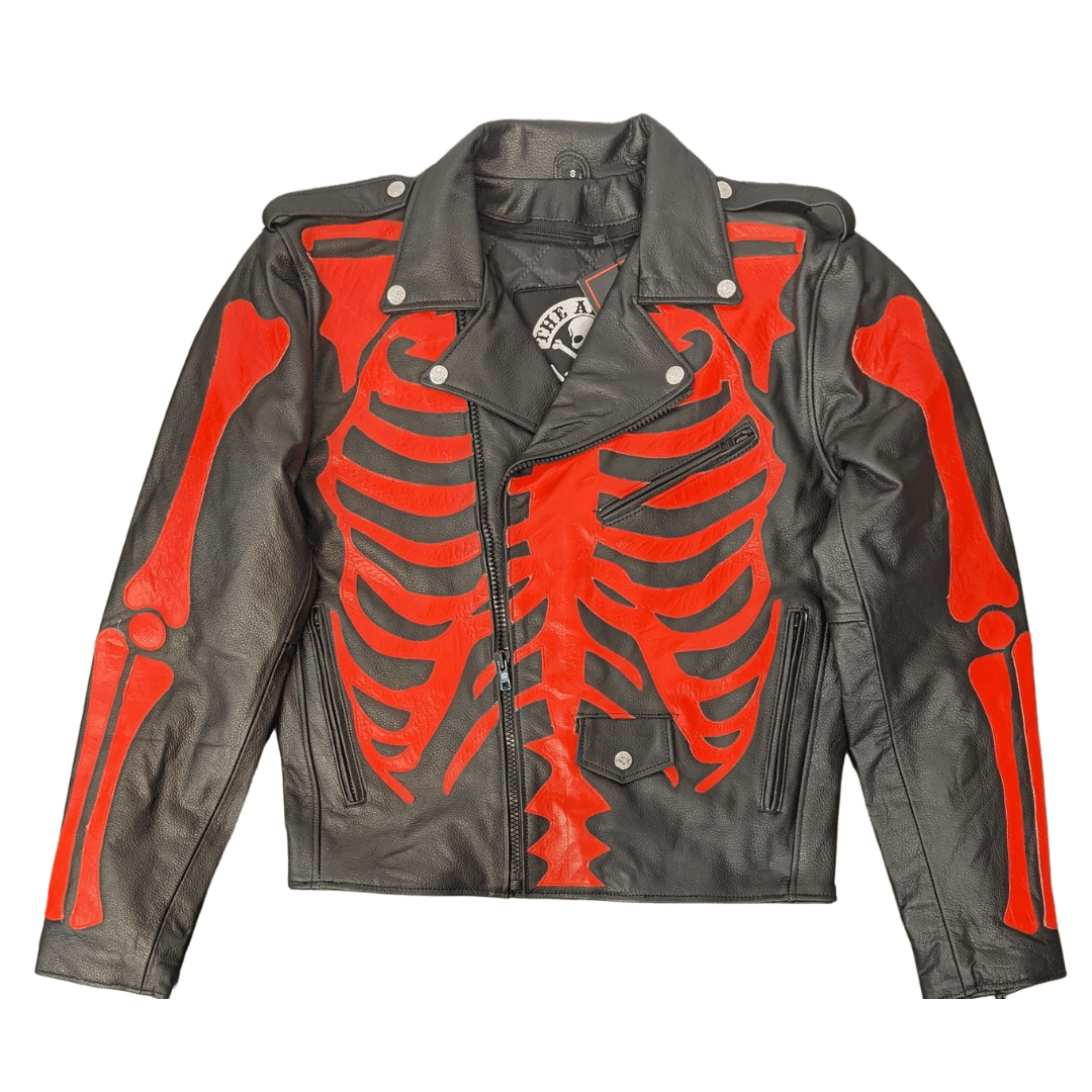 Skeleton Bones Red on Black Classic Style Leather Jacket - The Alley Chicago