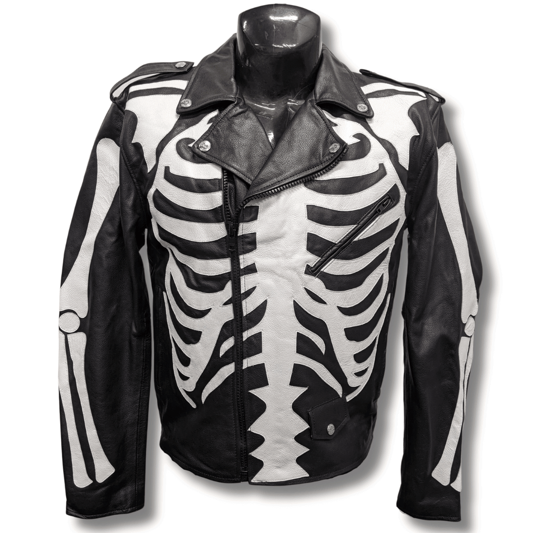 Skeleton Bones White on Black Classic Style Leather Jacket - The Alley Chicago