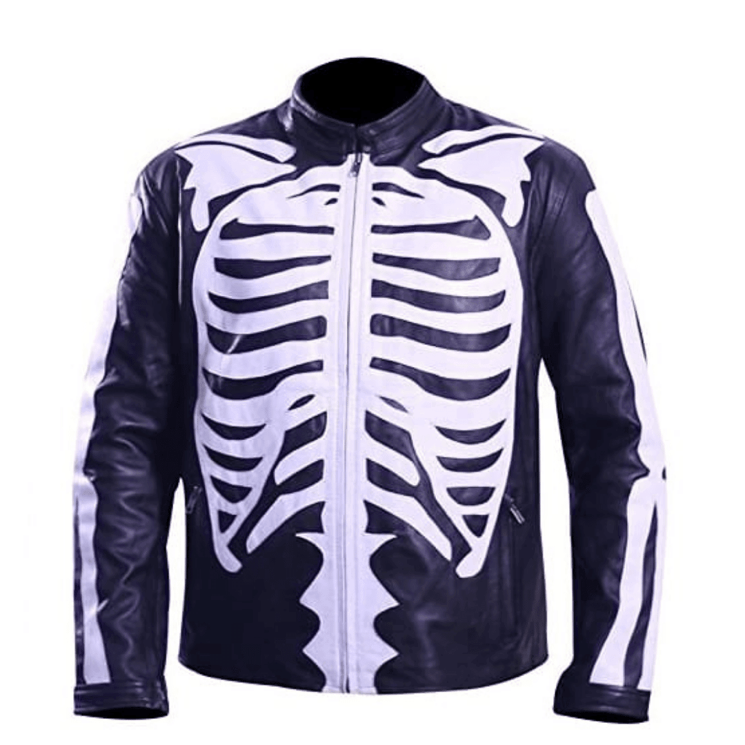Skeleton Bones White on Black Leather Jacket-front