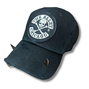 The Alley Silver Logo Black Baseball Hat with Steel Devil Horns - The Alley Chicago