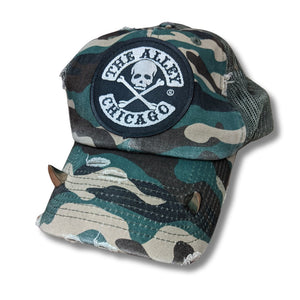 The Alley Silver Logo on Camouflage Snapback Hat with Steel Horns - The Alley Chicago