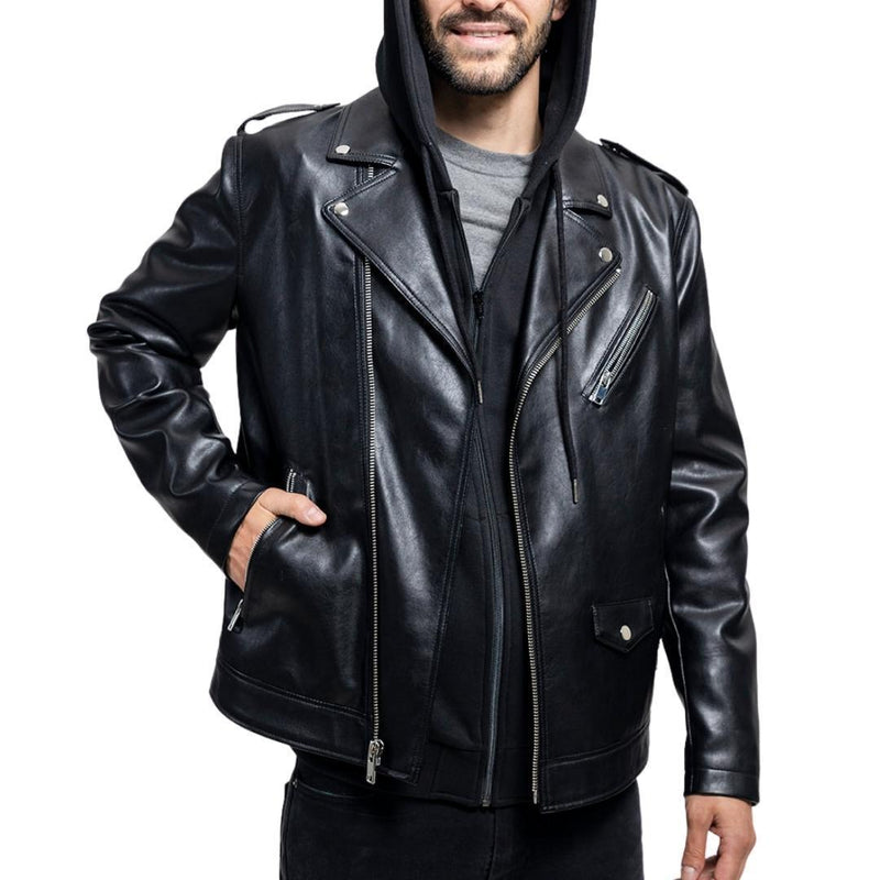 Vegan Mens Classic Motorcycle Jacket with Removable Hoodie