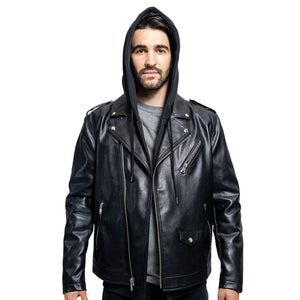 Vegan Mens Classic Motorcycle Jacket with Removable Hoodie