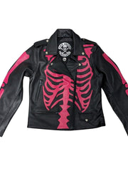 Load image into Gallery viewer, Womens Pink Skeleton Bones Classic Motorcycle Jacket - The Alley Chicago
