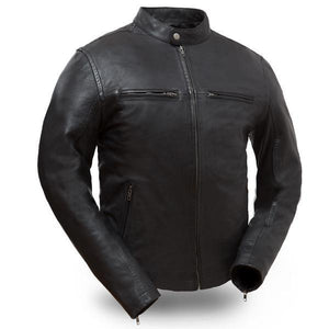 Snap collar leather motorcycle jacket