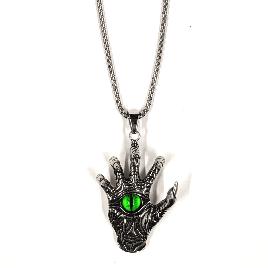 Monster Hand with Green Gem Eye Stainless Steel Chain Necklace