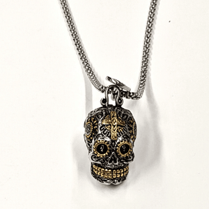 Sugar Skull with Gold Detail Steel Chain Necklace