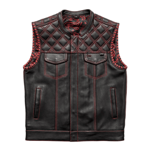 Sinister Mens Leather Motorcycle Vest with Red Diamond Stitching