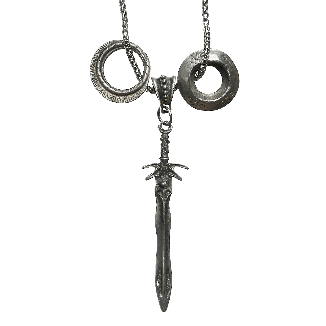 Sacred Sword with Tribal Rings Steel Chain Necklace