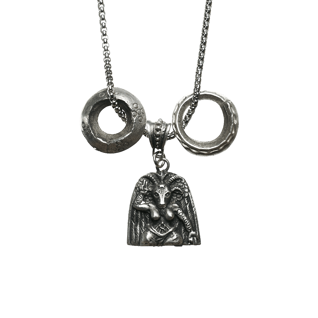 Baphomet Charm with Tribal Rings Steel Chain Necklace