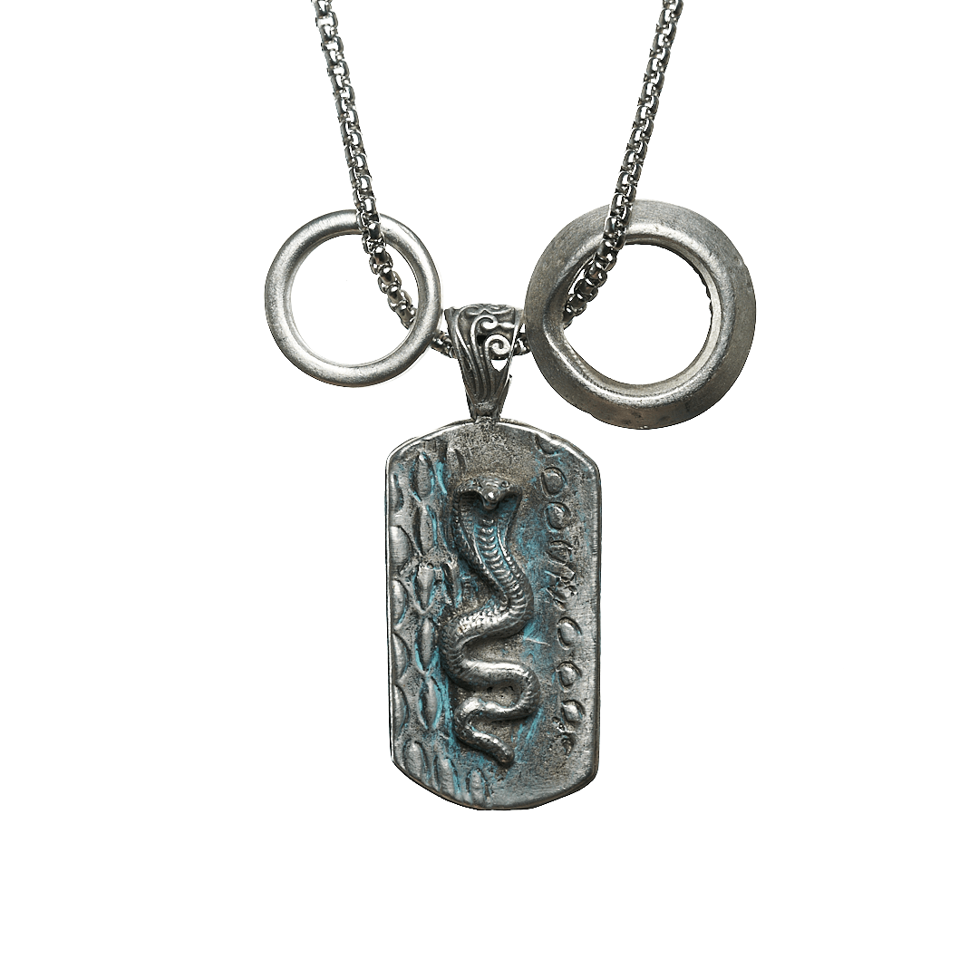 King Cobra Dog Tag Necklace with Tribal Rings