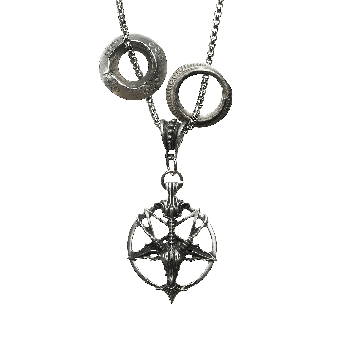 Baphomet Pentagram with Tribal Rings Steel Chain Necklace