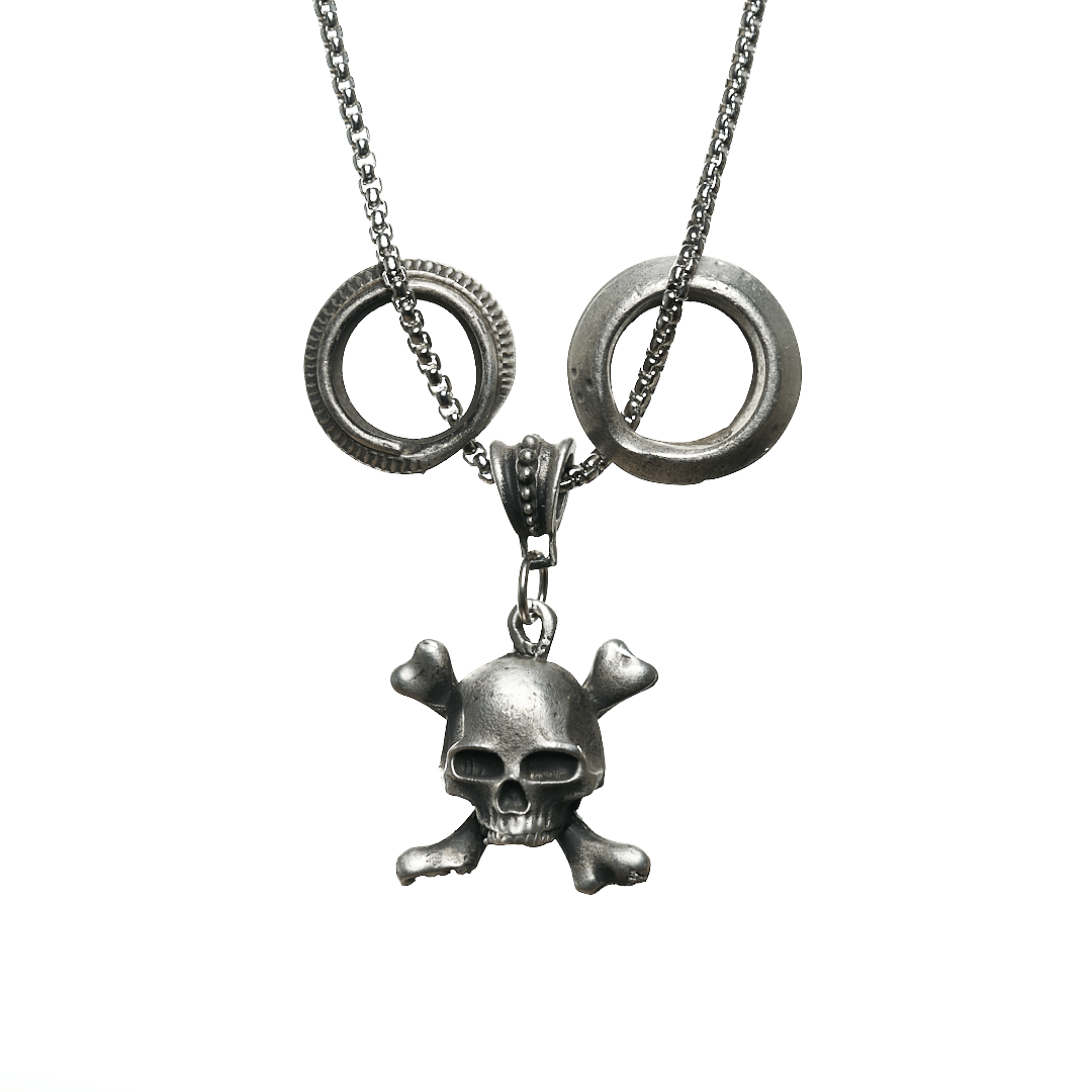 Skull & Bones with Tribal Rings Steel Chain Necklace