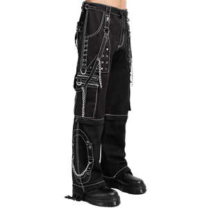 Black Studded Step Chain Pants with White Stitching -side