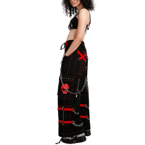 Black Studded Step Chain Pants with Red Skulls & Stitching