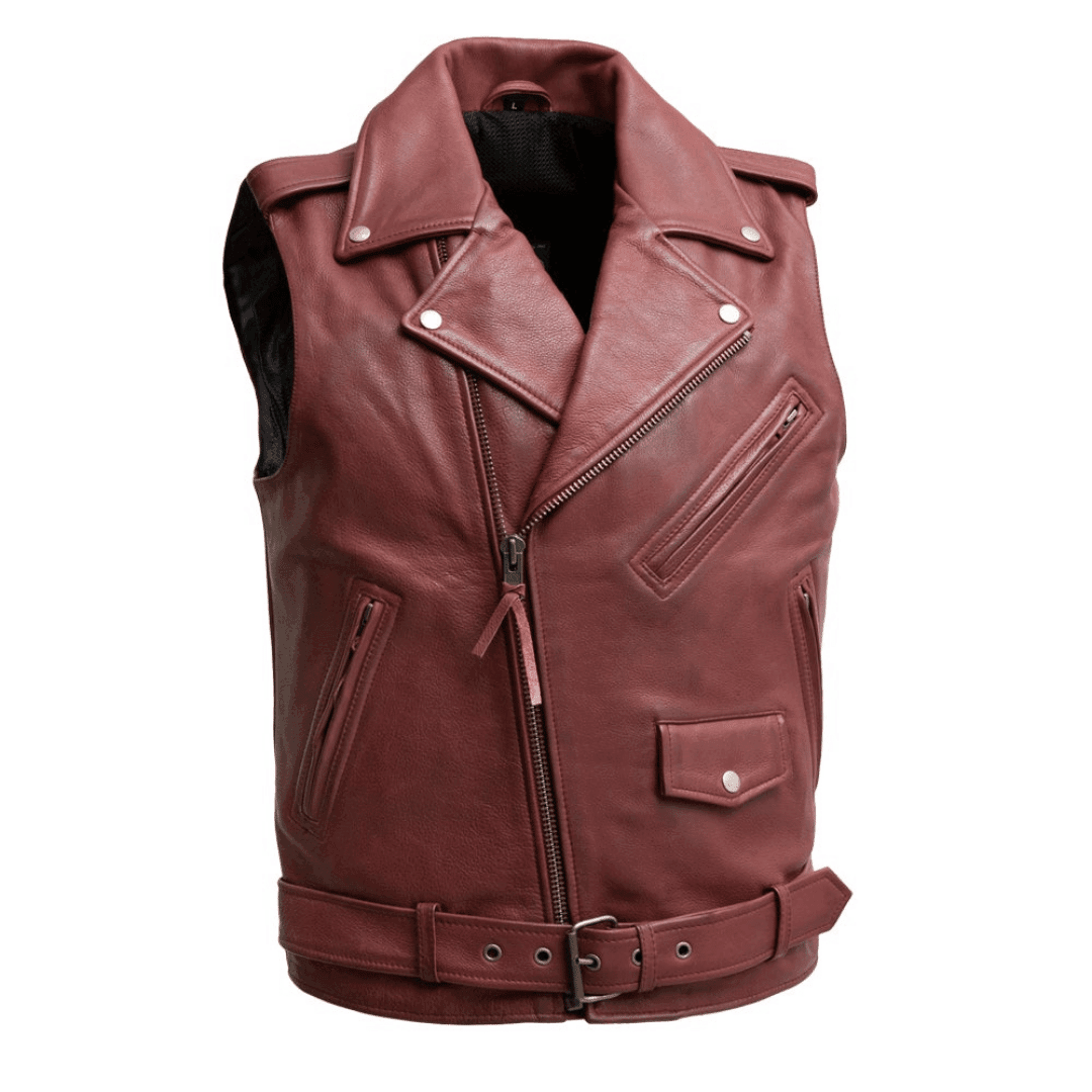 Classic Mens Leather Jacket Style Vest - Oxblood Red