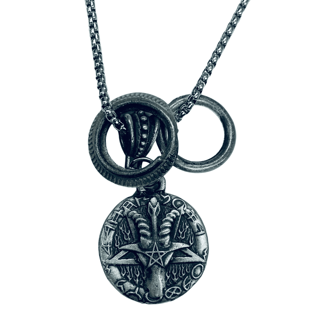 Baphomet Pentagram Medallion with Tribal Rings Steel Chain Necklace