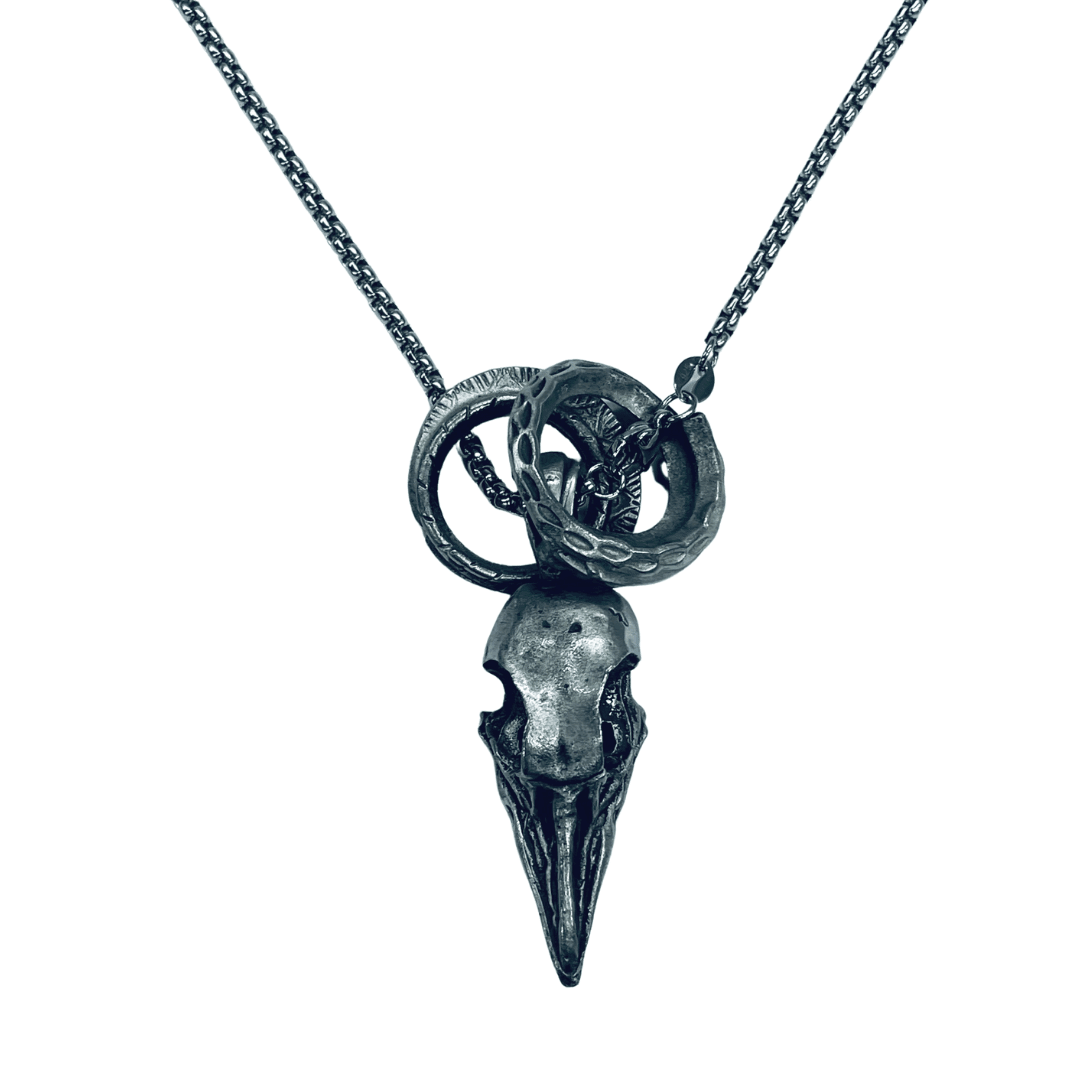 Bird Skull with Tribal Rings Steel Chain Necklace