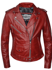 Load image into Gallery viewer, Classic Womens Lipstick Red Leather Motorcycle Jacket
