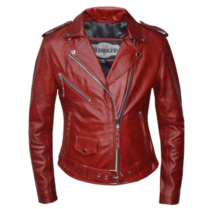 Classic Womens Lipstick Red Leather Motorcycle Jacket