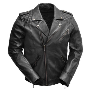 Classic Mens Sheepskin Leather Motorcycle Jacket with Quilted Shoulders