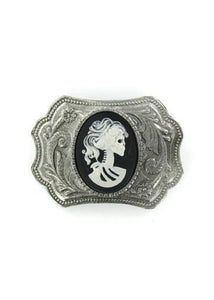 Belts & Buckles - Ornate Western Style White Zombie Bride Cameo Belt Buckle