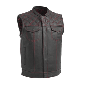 Downside Mens Leather Vest with Red Stitching