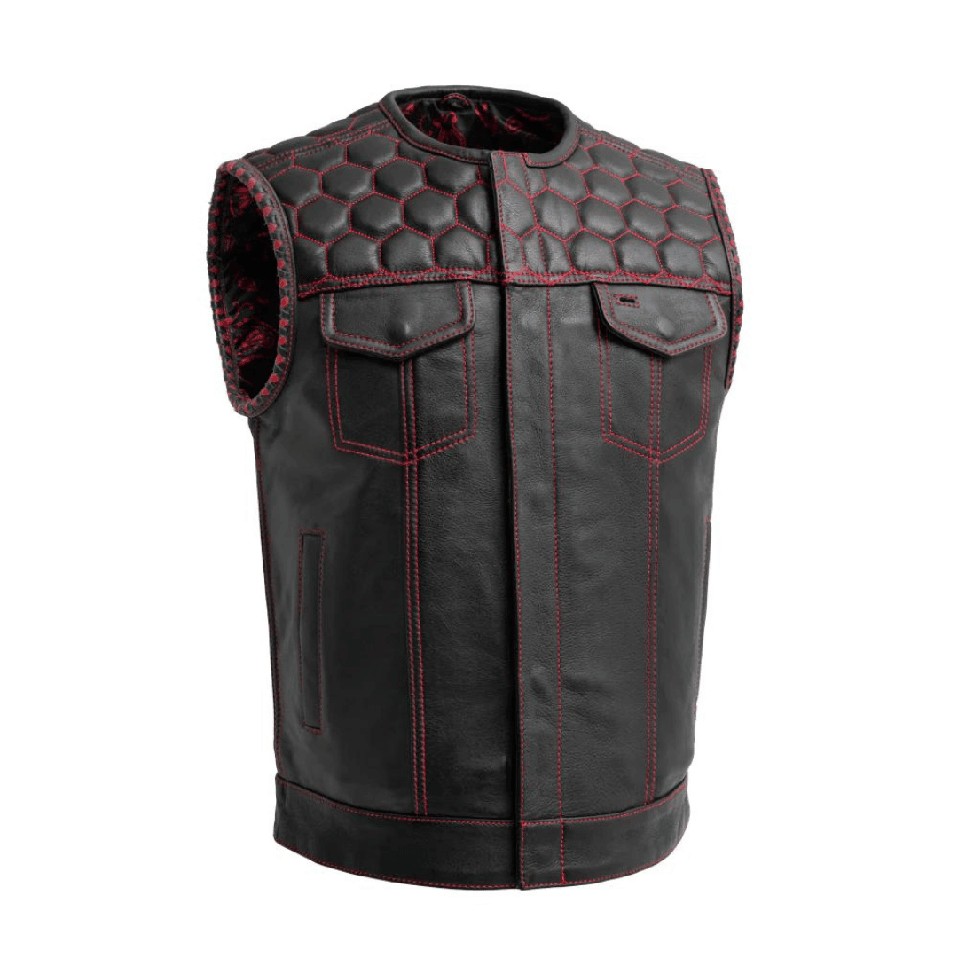 Hornet Mens Leather Vest with Red Stitching