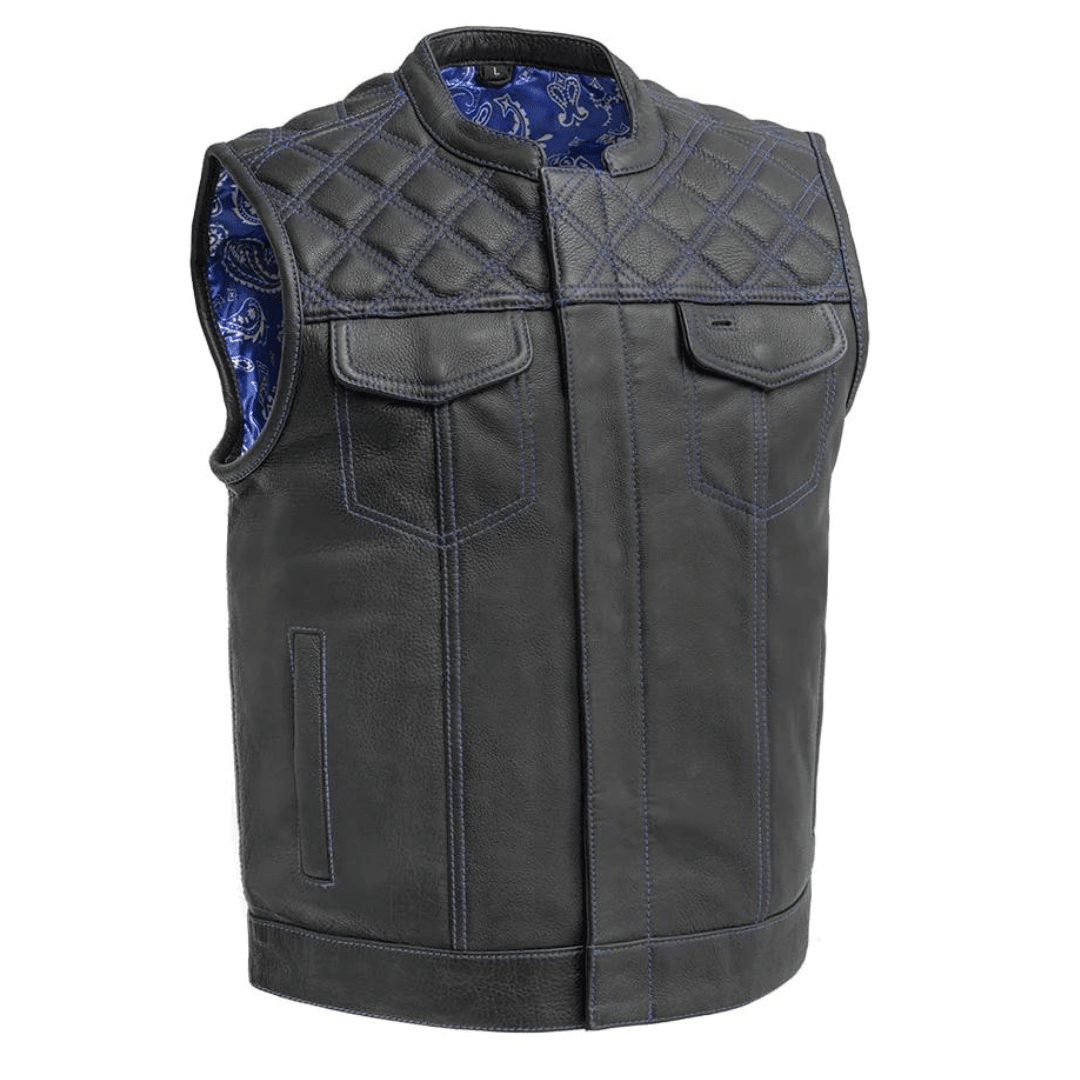 Hornet Mens Leather Vest with Blue Stitching
